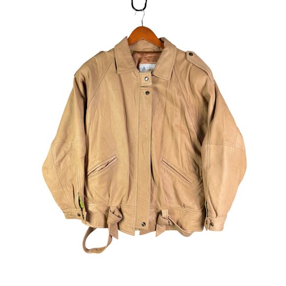 London Fog Moto Bomber Genuine Leather Jacket Cream Brown Womens‎ Large Regular - Picture 1 of 9